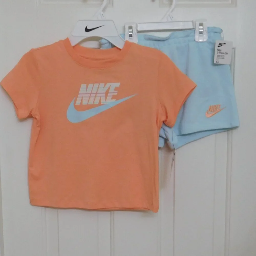 NWT 2pc Nike Peach Blue Logo Top & Blue Shorts Set sz 6